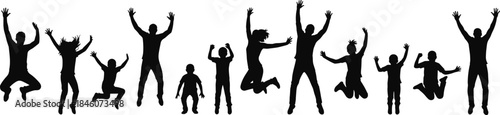 Happy people silhouettes jumping with raised hands, joyful celebration, freedom, success, teamwork, positive energy, unity, isolated black figures