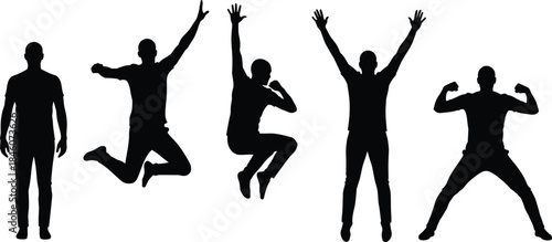 Man silhouette set showing jumping, victory, strength, fitness poses, confidence, motivation, success celebration, power and freedom, isolated black figures