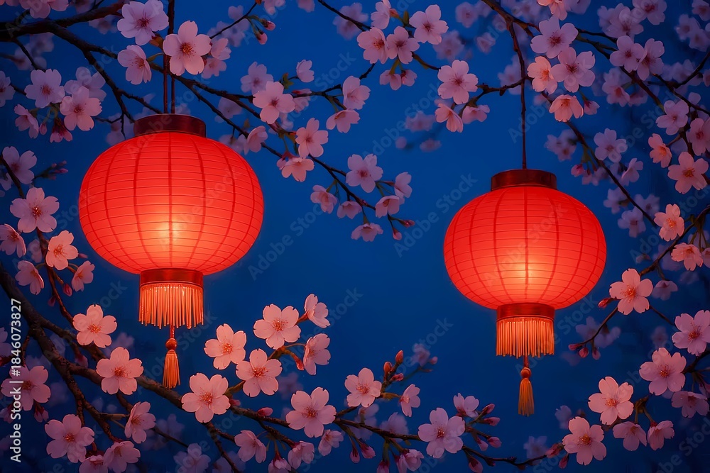 Obraz premium Vibrant red Chinese lanterns glowing among delicate cherry blossoms under a deep blue evening sky, evoking festive romance, cultural celebration, travel inspiration, and seasonal decor imagery.