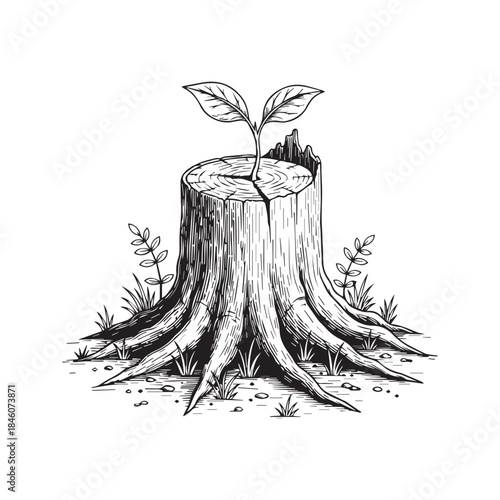 Hand drawn sketch illustration of an old tree stump with a new plant sprout growing from it, symbolizing rebirth and hope.
