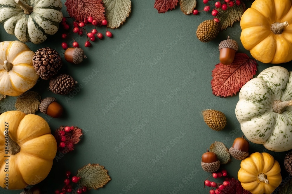 Fototapeta premium Autumn Harvest: Gourds, Acorns, and Leaves on a Rustic Green Background