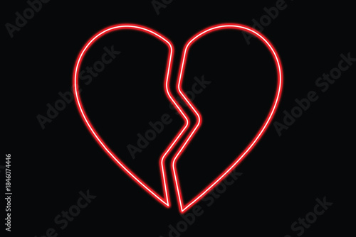 A luminous red neon sign depicting a broken heart against a dark background