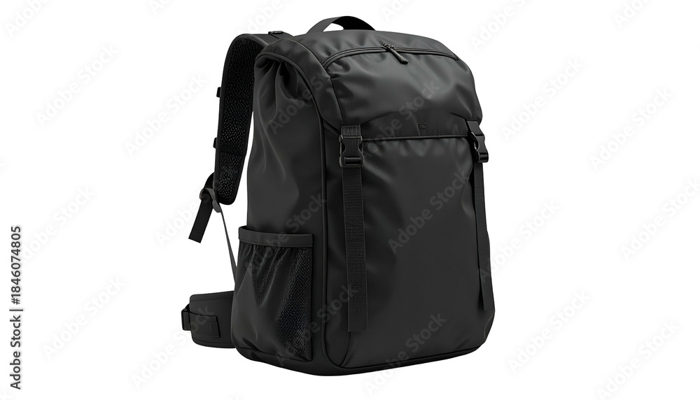 Naklejka premium Angled shot of a modern black backpack on a dark background. Exterior features are prominent