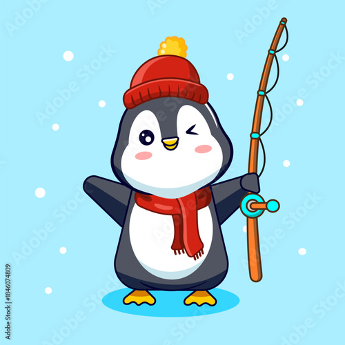 Cute Penguin Ice Fishing with Red Beanie and Scarf Vector Illustration Cartoon Design Kawaii