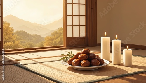 Traditional Japanese Interior Setting with Lit Candles, Plate of Dates, and Panoramic Mountain View [with copy space]