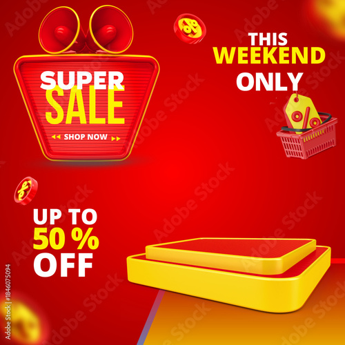 An advertising banner for a major sale, inviting customers to shop now. Uses a 3D product display stand, with a red and yellow background and promotional illustrations.