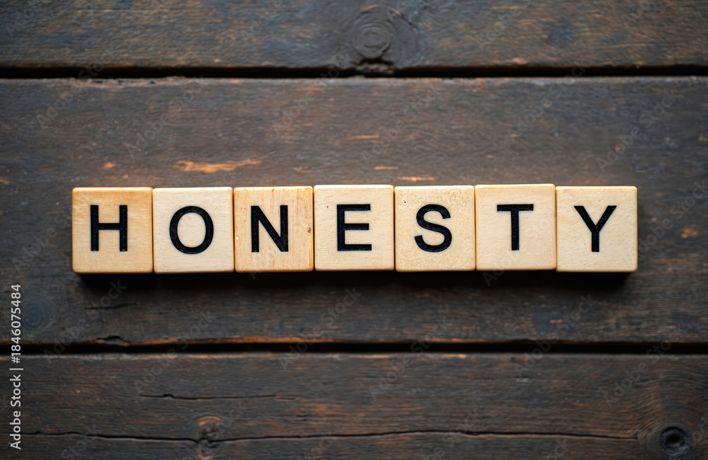 Fototapeta premium Wooden blocks spell out the word honesty on a dark textured table. This visual represents integrity, truth, and sincerity in a simple concept.