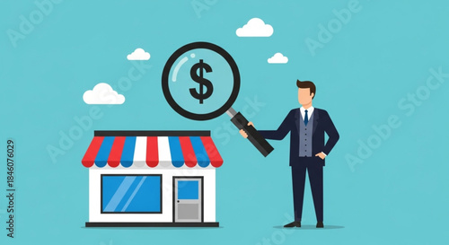 Businessman Using Magnifying Glass to Analyze Small Storefront with Dollar Sign Icon in Digital Business Concept Illustration