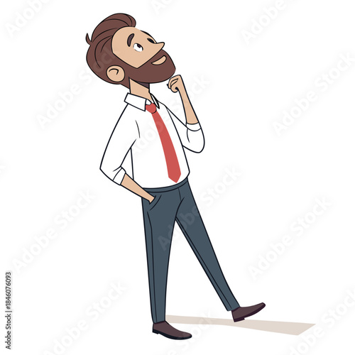 Bearded cartoon man in business attire looking up thoughtfully, thinking