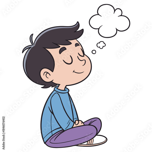 Cartoon boy meditating and calmly thinking with an empty thought bubble above