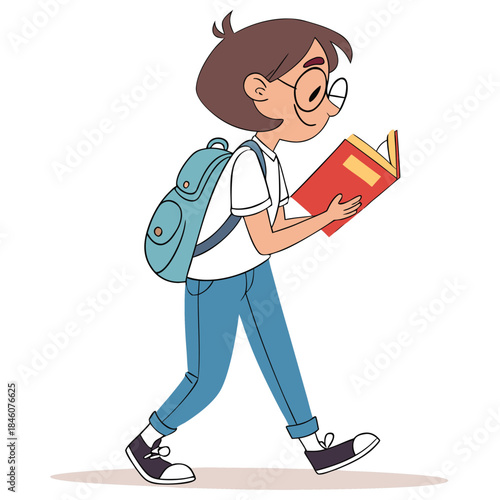 Young student walking, deeply engrossed in reading a book, carrying backpack
