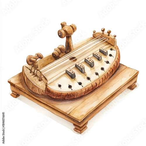 Traditional wooden musical instrument with strings and keys.