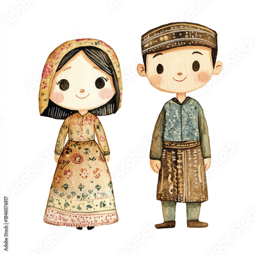 Two children dressed in traditional clothing likely from a specific culture are depicted in a heartwarming illustration.