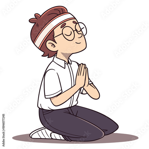 Young person kneeling, hands together in prayer, looking up with deep hope.