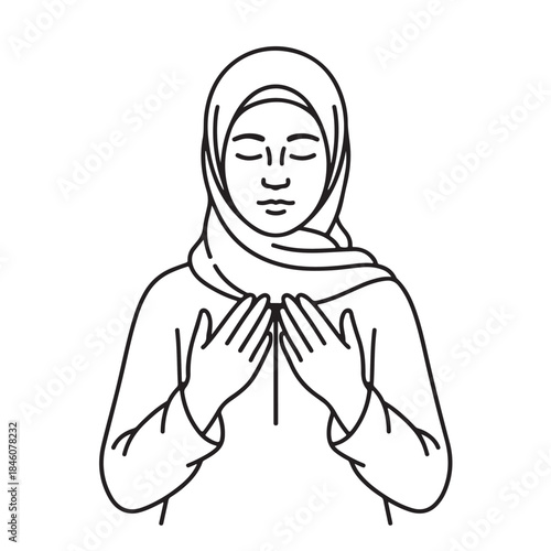 Muslim Woman Praying in Peaceful Black and White Line Art Illustration for Spiritual Content.