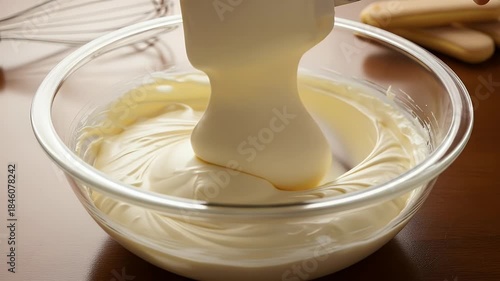 Close up of Hands Mixing Creamy White Dessert in Glass Bowl on Dark Wooden Table Top