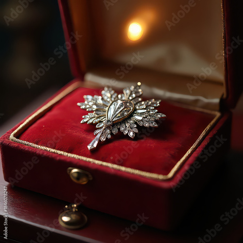Vintage jewelry brooch placed inside a red velvet box with a soft light in the background