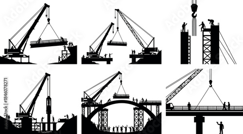 Bridge construction silhouettes with cranes and workers – flavector infrastructure teamwork vector set