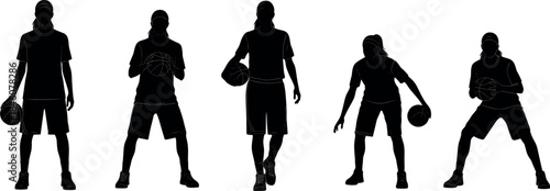 Basketball silhouette poses with ball, training stances and player movements in black illustration - flavector