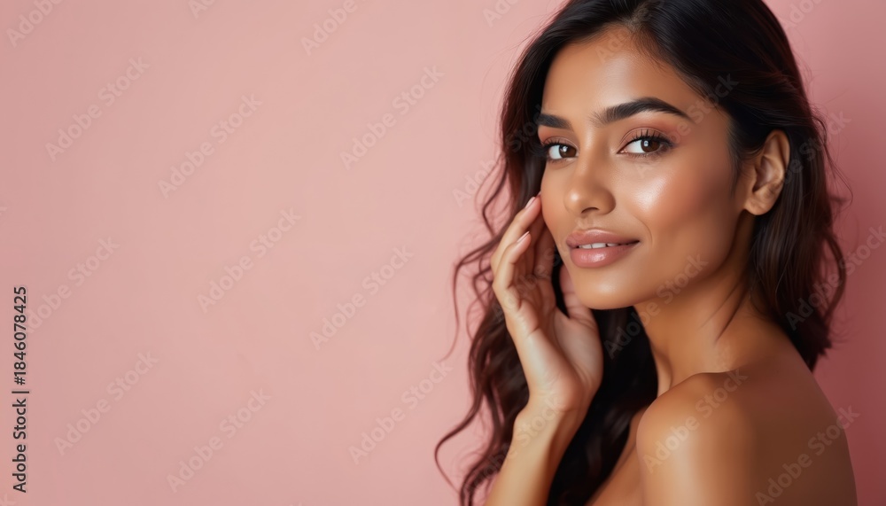 Naklejka premium Beautiful Indian woman with glowing skin touches her face gently. She has dark wavy hair and wears subtle makeup. Her look is confident and elegant against a soft pink background.