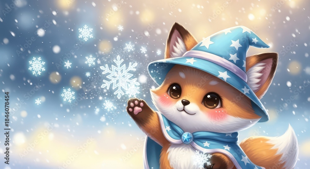 Naklejka premium Adorable small fox character wearing a magical blue hat conjures glowing snowflakes outdoors