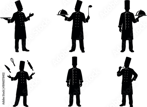 Chef silhouette set – culinary poses and kitchen tools by flavector