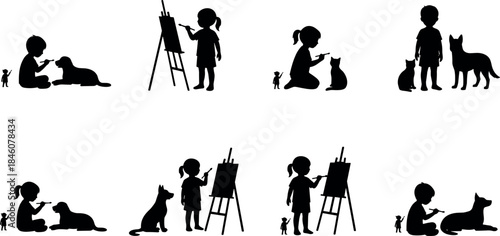 Children feeding pets and painting on easels, silhouette style, mouse companion, playful childhood moments - flavector