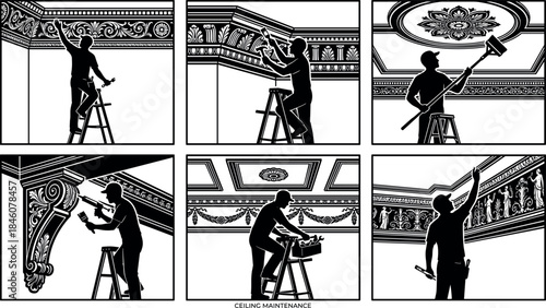 Ceiling maintenance workers restoring ornate architectural details – flavector heritage craftsmanship series