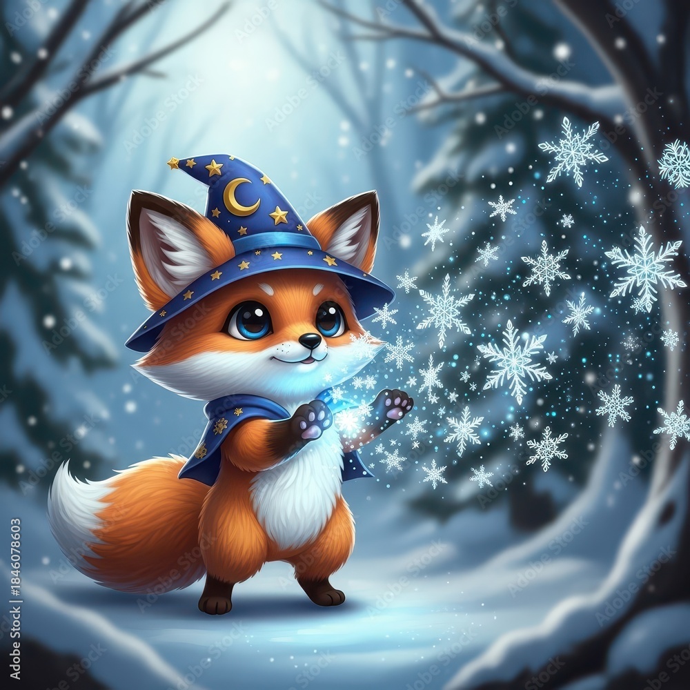 Naklejka premium Adorable cartoon fox kit conjures sparkling snowflakes in a wintry forest scene