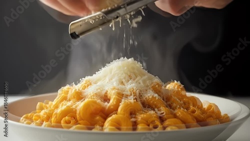 Close Up Of Macaroni And Cheese Being Grated With Cheese On A White Plate Against Black Background