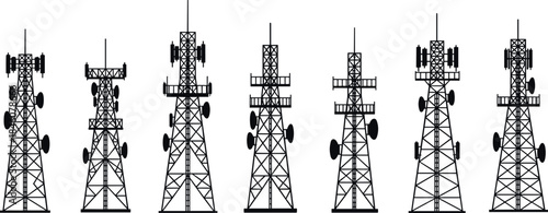 Communication tower silhouette set – flavector telecom infrastructure icons for wireless and broadcast design