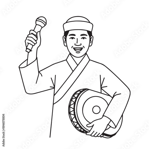 Smiling Vietnamese Traditional Musician Joyful Performance in Black and White Line Art Illustration for Cultural Event.