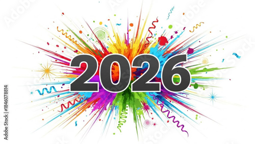 Vibrant colorful explosion with 2026 in large black text surrounded by rainbow hues and confetti on white background