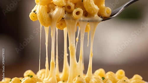 Close Up of Macaroni and Cheese on Silver Fork with Creamy Cheese Pulls and Green Garnish on Brown Table