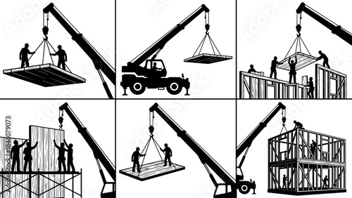 Crane-assisted construction silhouettes – flavector series on structural assembly and teamwork