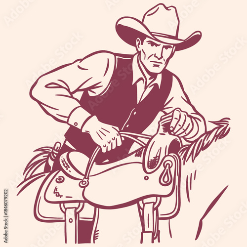 Retro Vector Illustration of Intense Cowboy on Horseback Adjusting Saddle. Vintage Western Rider in Pop Art Style.