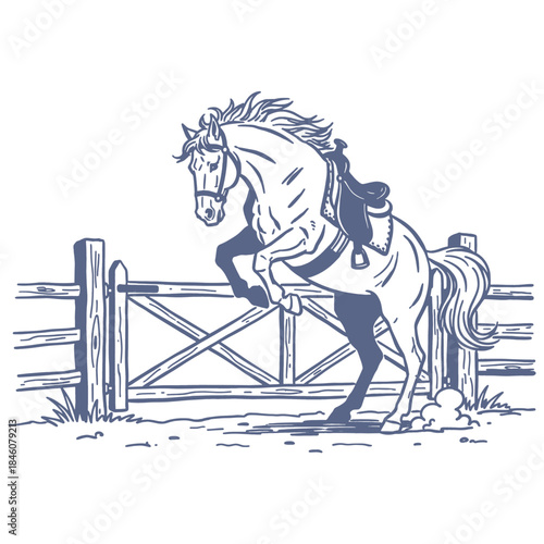 Rearing Horse Jumping over Wooden Fence - Dynamic Western Rodeo Style Line Art Vector Illustration