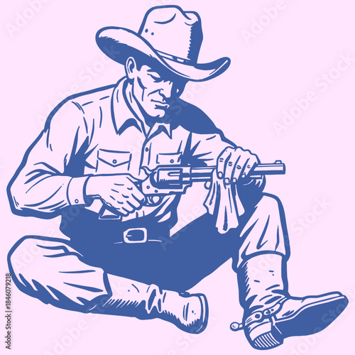 Retro Cowboy Cleaning Revolver Gun | Vintage Western Pop Art Illustration | Old West Americana Duotone Vector