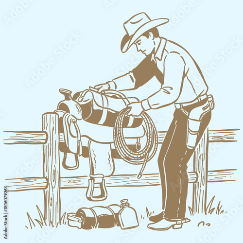 Vintage Cowboy Illustration: Rancher Prepares Saddle & Lasso on Wooden Fence. Western Retro Style Line Art Sketch.