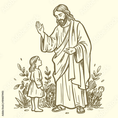 Vintage Line Art Illustration of Jesus and a Little Girl. Religious Iconography, Teaching and Guidance Sketch.