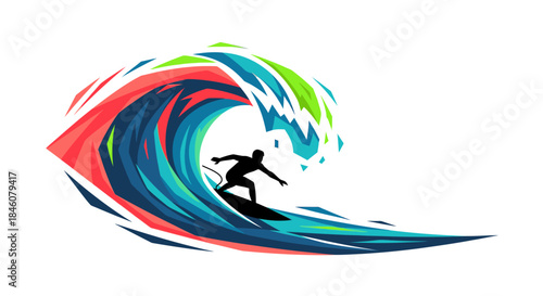 Surfer riding a colorful abstract wave, dynamic water sport illustration, extreme adventure and freedom concept