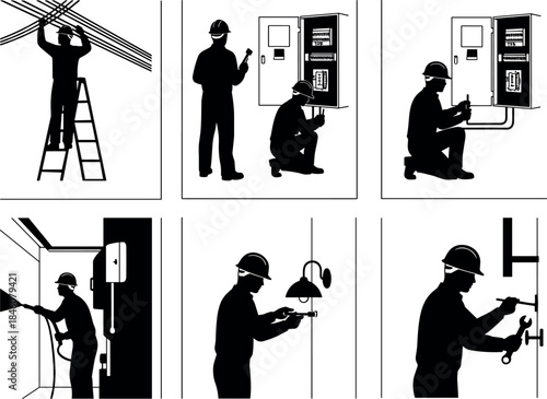 Electricians at work – flavector silhouette set of electrical repair, inspection, and installation tasks