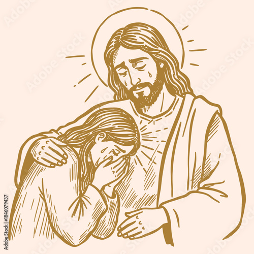 Hand-Drawn Sketch of Jesus Christ Comforting Crying Woman. Religious Vector Art Depicting Divine Solace, Compassion, and Faith.