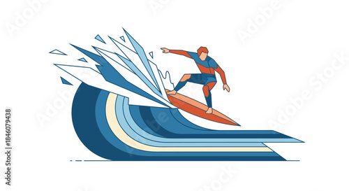 Dynamic illustration of a surfer riding a breaking wave with colorful abstract water splashes and stylized lines