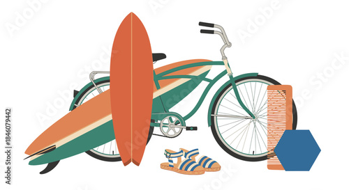surfboard, bike, sandals, beach scene clip art preview
