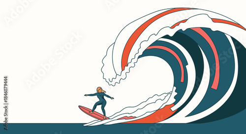 Vibrant illustration of a woman expertly surfing a huge, stylized ocean wave, depicting sport, challenge, and the thrill of the sea.