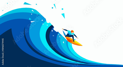 Modern vector illustration depicting an energetic surfer catching a massive blue ocean wave, perfect for themes of extreme sports, summer activities, and adventure.