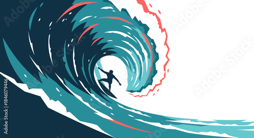 Dynamic illustration of a lone surfer riding a powerful, curling ocean wave, capturing the thrill and energy of water sports and extreme adventure.