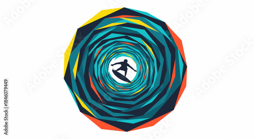 Dynamic geometric surfing illustration featuring a surfer silhouette inside a vibrant, colorful wave barrel. Abstract polygonal design for extreme water sports.