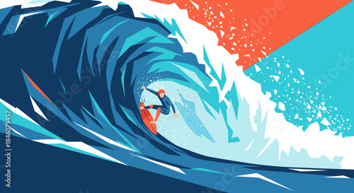 Dynamic vector illustration of a surfer expertly riding a powerful barrel wave, showcasing extreme sports, ocean adventure, and vibrant geometric design.